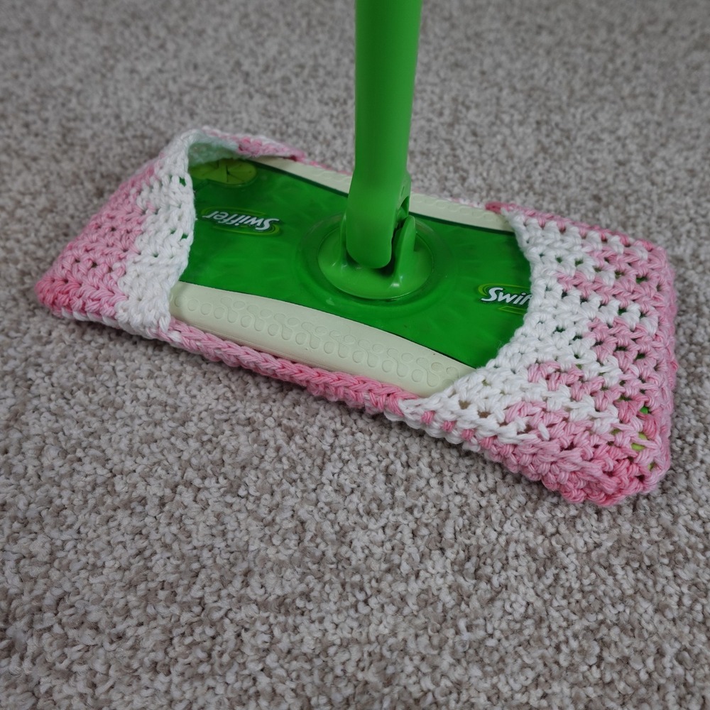 Handmade Crochet Reusable Mop Cover Pink White Fits Swiffer Sweeper Cotton Pad - Picture 2 of 5